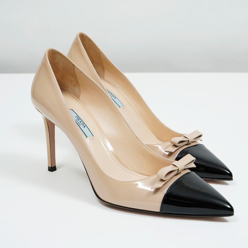 Prada Patent Leather Bow Pumps Beige Black Cap Toe Women's 10 IT 40 Made Italy